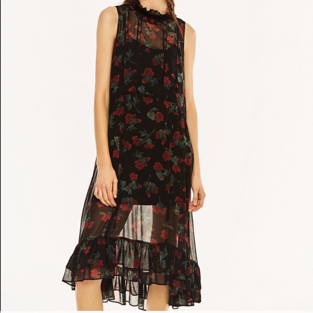Zara rose print sheer ruffle hem dress. Size M